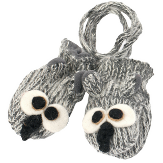 A pair of hand-knit wool Owl3 mittens for ages 1-10 on a white background.