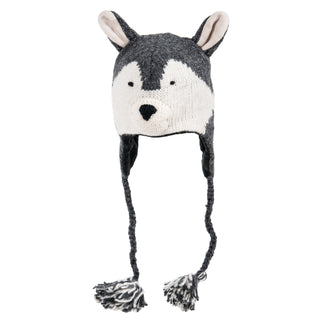 Hand-knit Wolf Hat with ear flaps and tassels isolated on a white background.
