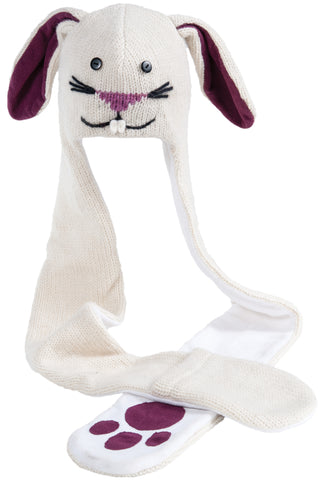 A knitted wool Bunny Hatscarf with paws on it, made in Nepal.