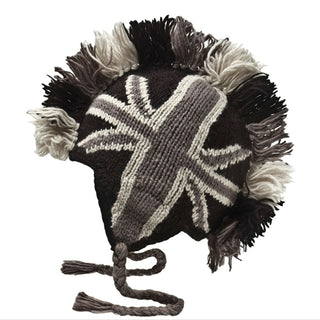 A handmade British Mohawk w Fleece Lining winter hat with ear flaps and tassels, featuring a Union Jack design and a fringe of mixed brown and white.