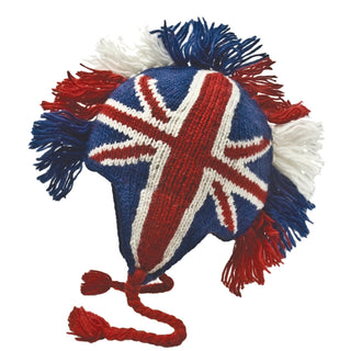 A handmade in Nepal knitted hat featuring the British Mohawk w Fleece Lining design with a wool Mohawk on top and braided ties at the bottom.