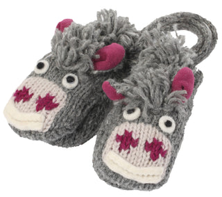 A pair of grey, handmade in Nepal Donkey Mittens with features resembling a cartoonish mouse, including eyes, ears, and a snout, isolated on a white background.