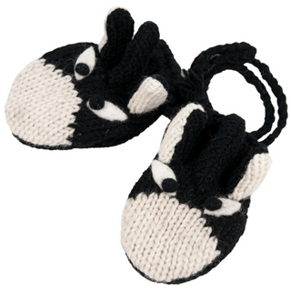 A pair of Orca Mittens designed to resemble zebras, with black and white patterns and small ears attached to the top.