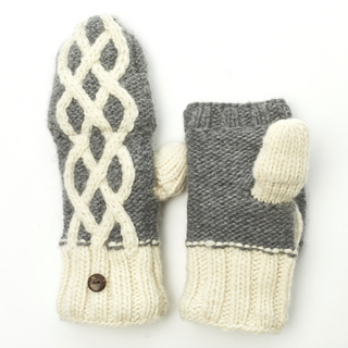 A pair of handmade Billie Mittens with a grey and white color scheme, featuring a cable knit pattern and a small brown button detail.