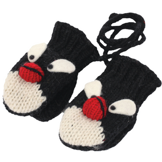 A pair of hand-knit black Penguin Mittens with red noses.