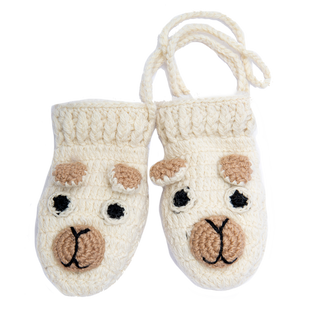 A pair of Crochet Pony Mittens, featuring a pony face design, with a connecting string.