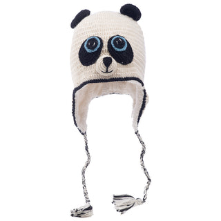 A Crochet Panda Hat with blue eyes, featuring a 100% wool exterior and a cozy polyester Sherpa lining.