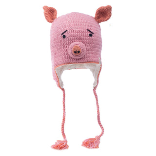 Hand-made Crochet Piggy Hat with ear flaps and tassels on a white background.
