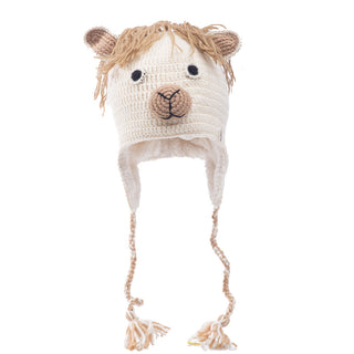 Crochet Pony Hat resembling a pony with ear flaps and tassels on a white background.
