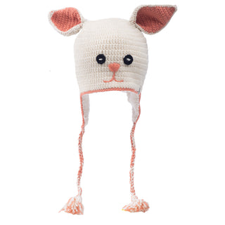 A crochet Rabbit hat, animal-themed hat with ear flaps and braided ties, designed to resemble a mouse, isolated on a white background.