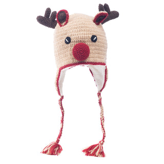 Handmade in Nepal, Crochet Reindeer Hat with sherpa lining and earflaps on a white background.