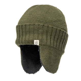 The Rib Band Earflap Hat, available in green, is a wool beanie featuring a ribbed brim and a small embroidered patch on the front. Its extended ear flaps are lined with black, soft material for extra warmth.