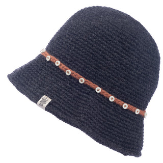 A black Emily Sun hat with beading on the brim.