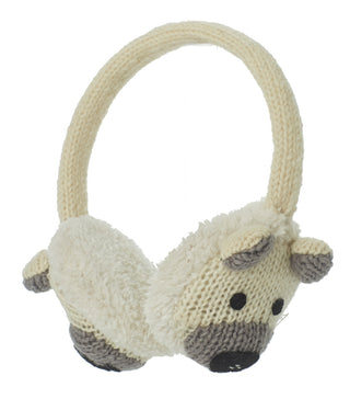 A knitted wool Polar Bear Earmuff with a dog on it.