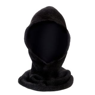 A black wool Roll Hood on a white background.