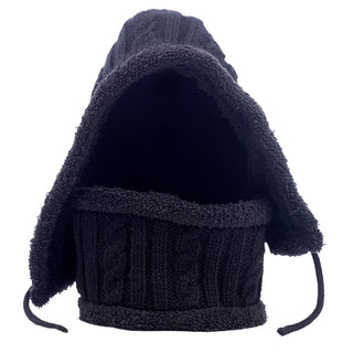 A black wool knitted SherpaLined Hoody with a cozy sherpa lining, displayed on a white background.