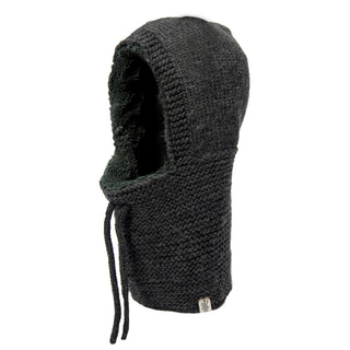 A handmade black Eddy Hood with a hood, crafted from merino wool.