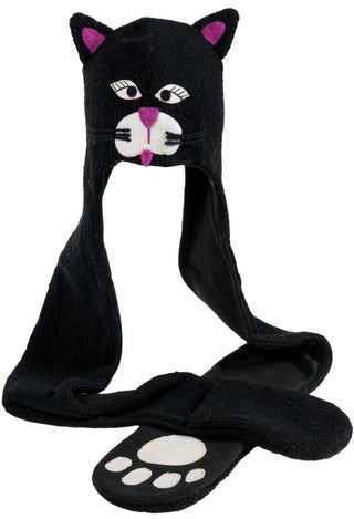 A black hand-knit Cat Hatscarf with paws on it.