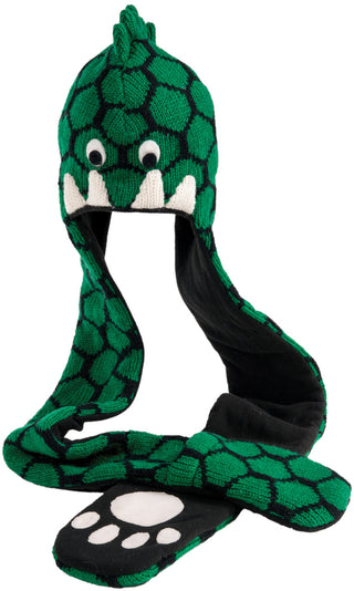 A hand-knit Dinosaur Hatscarf with a snake on it.