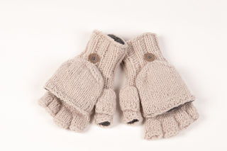 An important pair of Fingerless Gloves with Button Flap and Fleece Lining on a white surface.