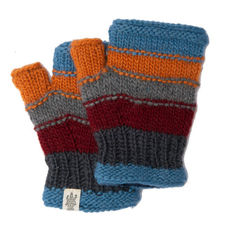 A pair of fingerless, wool Short cuff handwarmers in shades of orange, blue, red, and gray, with a small label attached to one handwarmer.