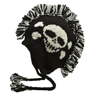 Knitted earflap beanie with a Skull Mohawk design in black and white colors, featuring braided ties and a handmade wool Mohawk in Nepal.