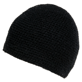 A black Crochet Seed Beanie on a white background.
