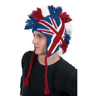 A man wearing a British Mohawk w Fleece Lining hat with a Union Jack design and tassel earflaps.