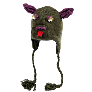 A hand-knit wool Dragon Hat designed to look like a cartoonish dragon face with ear flaps and braided tassels.
