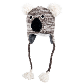 A knitted Koala Hat with pom poms, crafted from 100% wool.