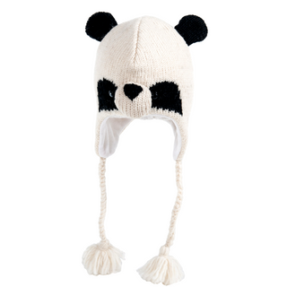A hand-knit Panda Hat with earflaps and tassels on a white background.
