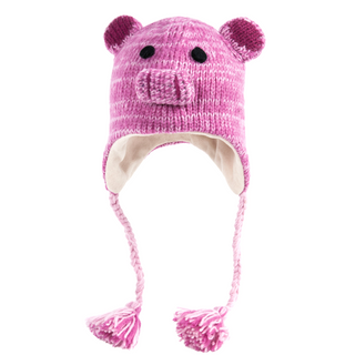 A hand-knit pink wool Pig Hat with a tassel.