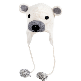 Polar Bear Hat with a bear face design and earflaps with pom-pom details, isolated on a white background.