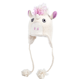 Unicorn Hat designed to resemble a cartoonish unicorn's head with pink details, featuring protruding ears, a tuft of pink mane, and braided ties. This hand-knit piece is