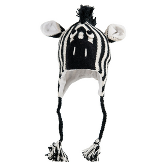 A Zebra Hat with a whimsical face design and braided tassels on a white background.