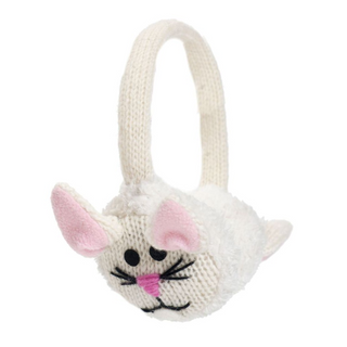 A knitted bunny ear muff with pink ears made of 100% wool.