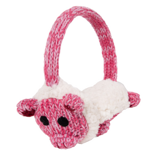 A pink and white wool knitted Pig Earmuffs.