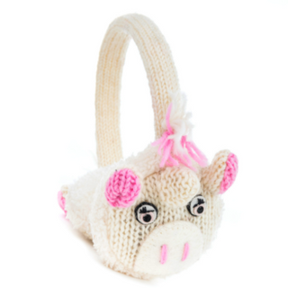 A hand-knit ear muff with a unicorn on it.