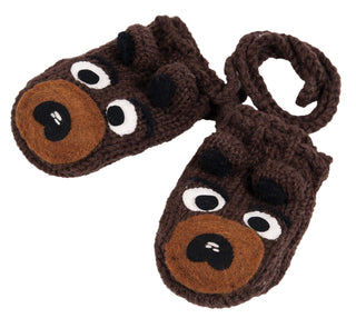 A pair of Bulldog Mittens featuring hand-knit wool details like black eyes, black eyebrows, and tan snouts. These animal puppet mittens are joined by a matching knitted string.