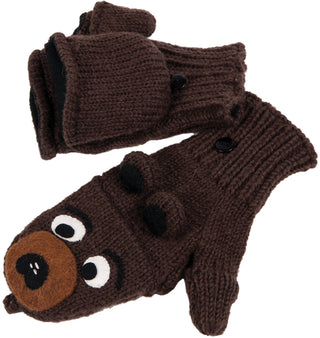 A pair of New Bear Cover Mittens with a bear face design and button details, crafted as fingerless gloves.