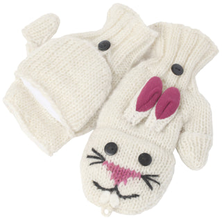 A pair of handmade wool Bunny Cover Mittens with pink ears.