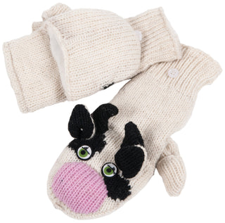 A pair of Milk Cow Cover Mittens with an animal face design, featuring eyes, a pink nose, and black ears.
