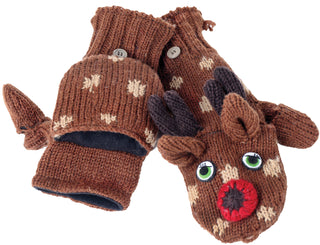 A pair of whimsical Deer Cover Mittens with a deer cover design, featuring button eyes and a red nose on one side.