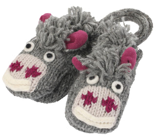 A pair of gray, fleece-lined Donkey Mittens designed to resemble animal faces, featuring prominent ears, eyes, and snouts, on a white background.
