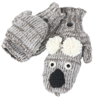 A pair of Koala Cover Mittens with a koala face design and small pompoms on the wrist area.