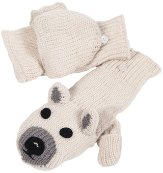 A pair of Polar Bear Cover Mittens designed to resemble a dog, with button details and floppy ears.