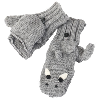A pair of Shark Cover Mittens with a buttoned flap and a wolf face design on the back of the hand.