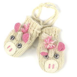 A pair of hand-made wool Unicorn Mittens with pink ears.