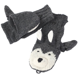 A pair of handmade wool Wolf Cover Mittens.