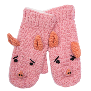 A pair of handmade pink Crochet Piggy mittens, sherpa lined.
